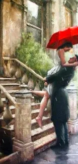 Romantic couple under a red umbrella in an urban setting with a painterly style.