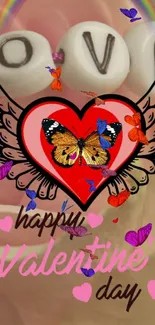 Valentine's Day heart and rose wallpaper with love beads and butterfly.
