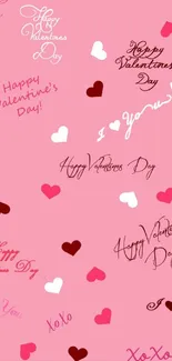 Valentine's Day wallpaper with hearts and love messages on a pink background.