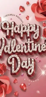 Romantic Valentine's Day wallpaper with red roses and 3D text on a pink background.