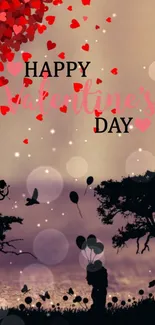 Romantic Valentine's Day wallpaper with hearts and silhouettes.