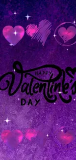 Valentine's Day wallpaper with purple background and artistic hearts.