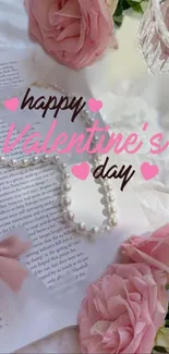 Romantic Valentine's Day wallpaper with pink roses and pearl necklace.