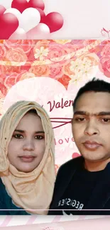 Valentine's Day romantic wallpaper with hearts and couple photo.