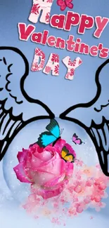 Valentine's Day wallpaper with pink rose and butterflies.