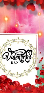 Valentine's Day wallpaper with red hearts and decorative lights.