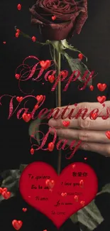 Valentine's Day wallpaper with a red rose and love messages in red script.