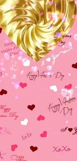 Valentine's Day wallpaper with a golden heart on a pink background.