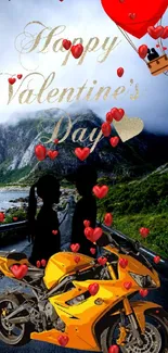 Valentine's Day theme with couple, red balloon, and yellow bike.