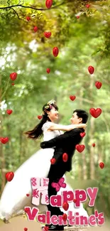 Romantic couple with hearts in a lush forest setting.