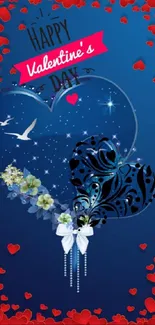 Valentine's Day heart wallpaper with red hearts and floral elements on blue background.