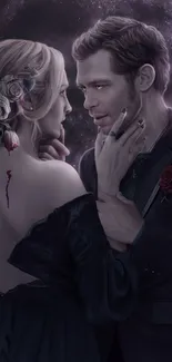 Romantic vampire couple under a mystical moonlit sky in gothic style.