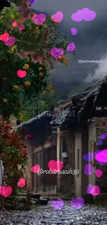 Charming village street with colorful heart overlay.