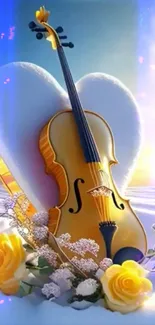 Violin in snow with yellow roses, serene mobile wallpaper.