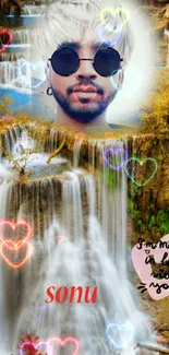 Waterfall with heart overlays and romantic text overlay.