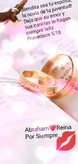 Bible pages with gold rings and romantic symbols of love.