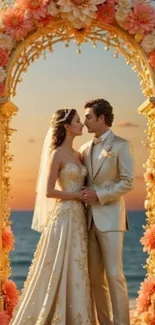 Romantic wedding by the sea with floral arch at sunset.