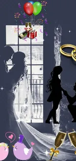 Romantic silhouette wedding art with balloons and rings.