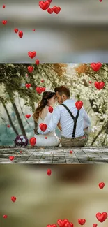 Romantic wedding couple with red hearts background.