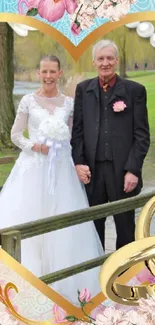 Happy couple in wedding attire with floral and heart decorations.