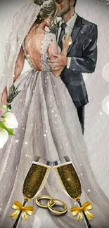 Illustrative wedding scene with couple embracing and elegant details.