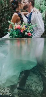 Romantic wedding kiss by a forest stream, vibrant colors.