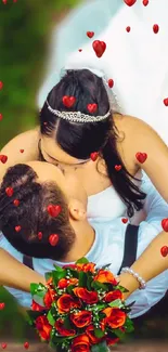 Romantic wedding kiss captured from above with a lush green background.