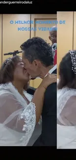 Heartfelt wedding kiss with joyful couple.