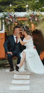 Romantic couple wedding scene with vintage van and floral decorations.