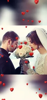 Romantic wedding couple surrounded by red hearts.