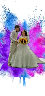 Wedding couple with colorful splash art background.