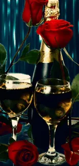 Romantic wallpaper with champagne, roses, and a blue background.