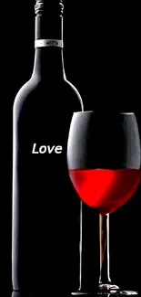 Romantic wine bottle and glass wallpaper with 'Love' text on black background.