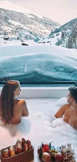 Romantic couple enjoying a snowy mountain view from a cozy bathtub.