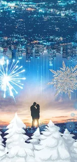 Couple under a starry winter cityscape with snowy trees and fireworks.