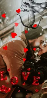 Romantic couple embracing with red hearts and a Cupid in a snowy winter scene.