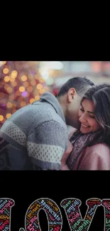 Romantic couple embracing in front of festive lights with 'LOVE' text overlay.