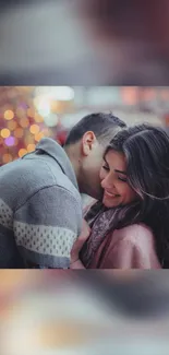 Romantic couple in winter scene with soft lighting and bokeh.