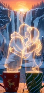 Romantic winter scene with a glowing couple and steaming mugs.