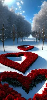 Red rose heart path in snowy forest.