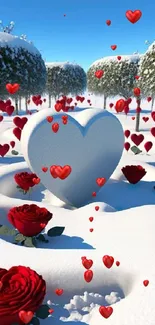 Winter scene with a blue heart, red hearts, and roses on snow-covered ground.