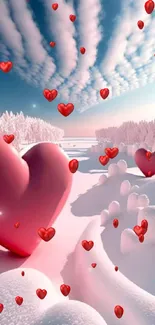 Romantic winter scene with large pink hearts and snow.