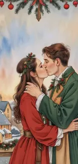 Romantic couple kissing in winter festive scene.