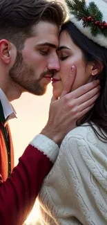 Romantic winter kiss under snowfall with festive attire.