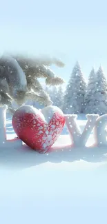 Romantic love and snow-covered forest wallpaper for mobile.