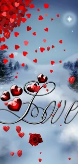 Romantic winter wallpaper with red hearts and snow.