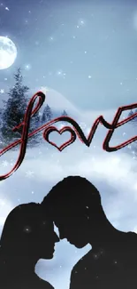 Romantic couple silhouette on a snowy, moonlit winter night with 'Love' script.