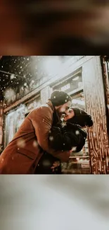 Couple embraces on snowy winter street.