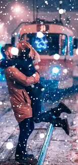 Couple embraces on snowy street with tram.