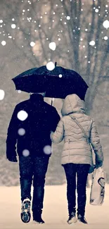 Couple walking under umbrella in snow.